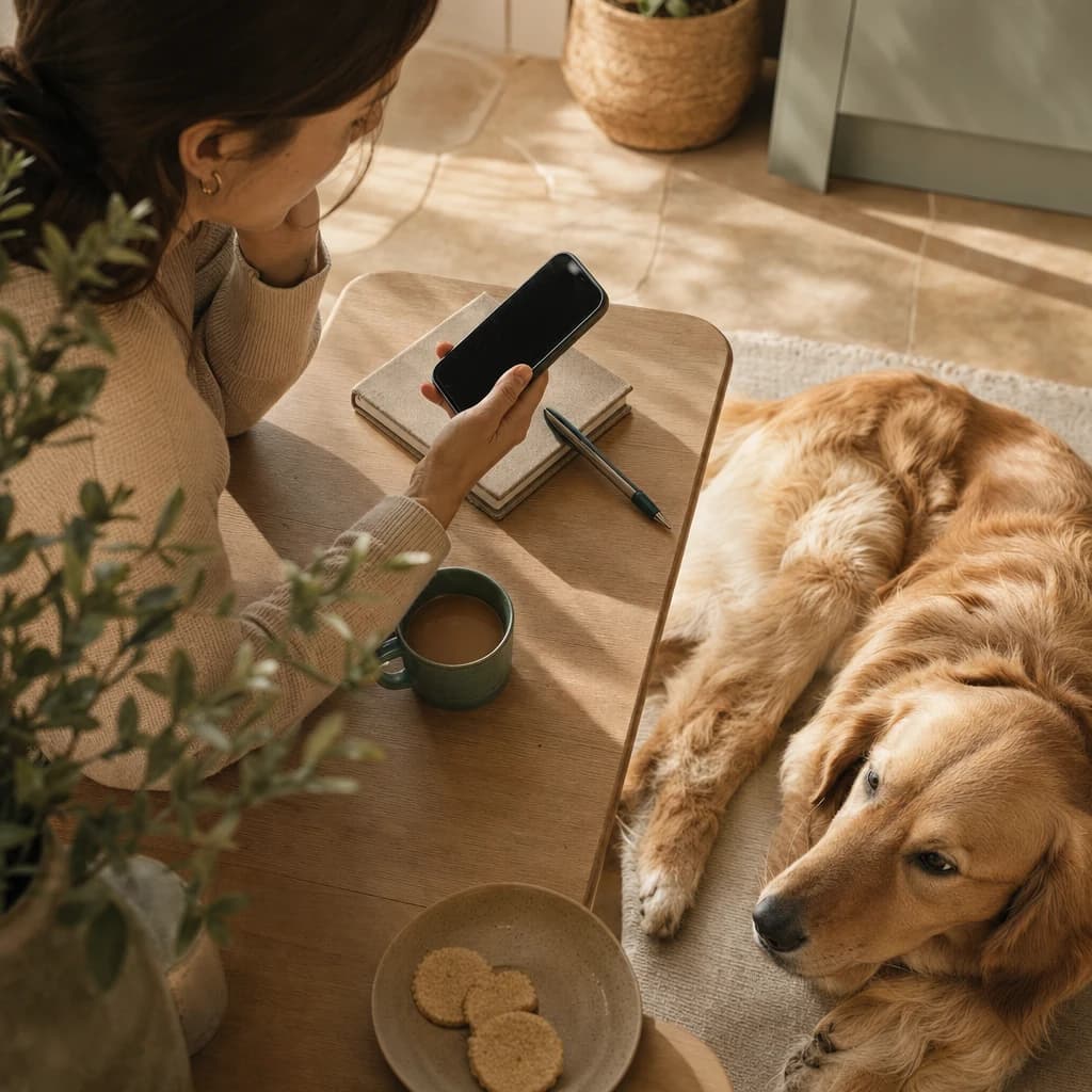 A pet owner checking a phone beside a resting golden retriever